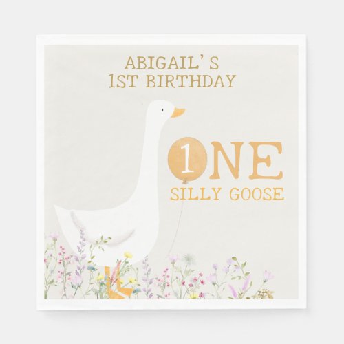 Watercolor One Silly Goose Wildflower 1st Birthday Napkins