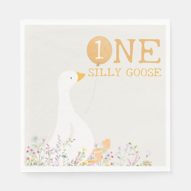 Watercolor One Silly Goose Wildflower 1st Birthday Napkins (Front)