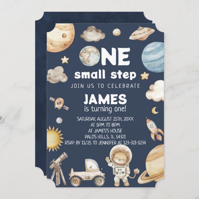 Watercolor One Small Step Space Animals Birthday Invitation (Front/Back)