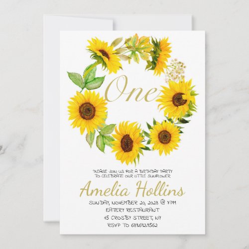 Watercolor ONE Sunflower Floral Birthday Party Invitation