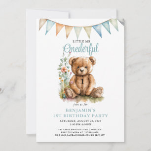 Watercolor Onederful Teddy Bear Boy 1st Birthday Invitation