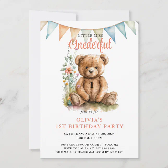 Watercolor Onederful Teddy Bear Girl 1st Birthday Invitation | Zazzle