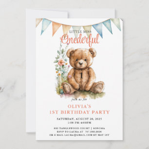 Watercolor Onederful Teddy Bear Girl 1st Birthday Invitation
