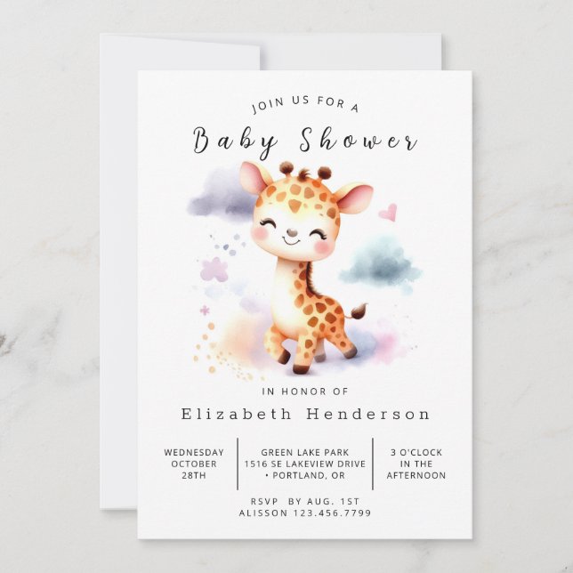  Watercolor Online Giraffe Baby Shower Invitation (Front)