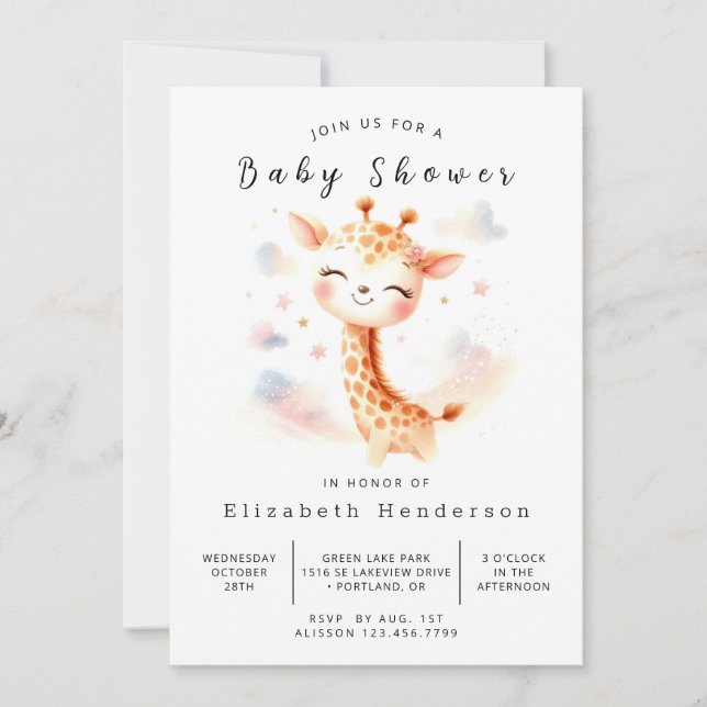 Watercolor Online Giraffe Baby Shower Invitation (Front)