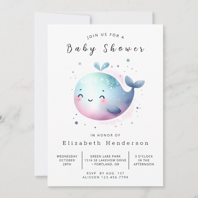 Watercolor Online Whale Baby Shower Invitation (Front)