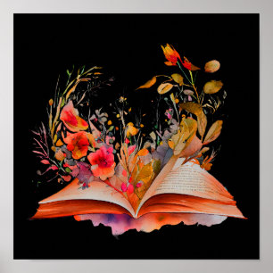 Watercolor Open book with flowers Poster