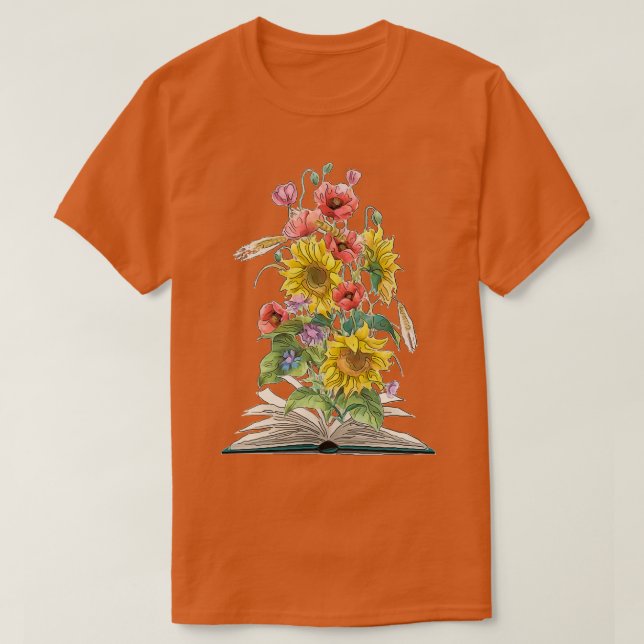 Watercolor Open Book with Sunflowers and Poppies T-Shirt (Design Front)