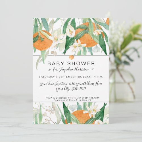 Watercolor Orange a Little Cutie Eucalyptus Shower Invitation