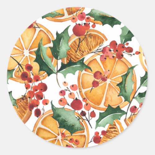Watercolor Orange and Holly Pattern Christmas Classic Round Sticker