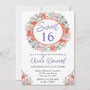 Watercolor Orange and Purple Wreath Sweet 16 Invitation