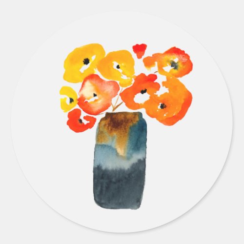 Watercolor orange and red poppies classic round sticker