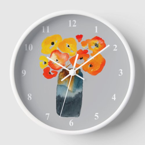 Watercolor orange and red poppies clock
