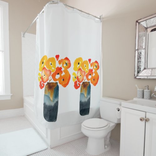 Watercolor orange and red poppies shower curtain