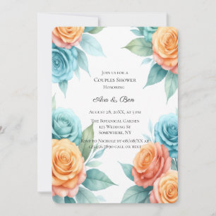 Watercolor Orange and Teal Roses Couples Shower Invitation