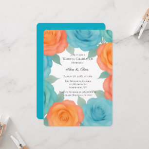 Watercolor Orange and Teal Roses Wedding Invitation