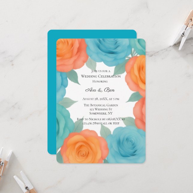Watercolor Orange and Teal Roses Wedding Invitation (Front/Back In Situ)