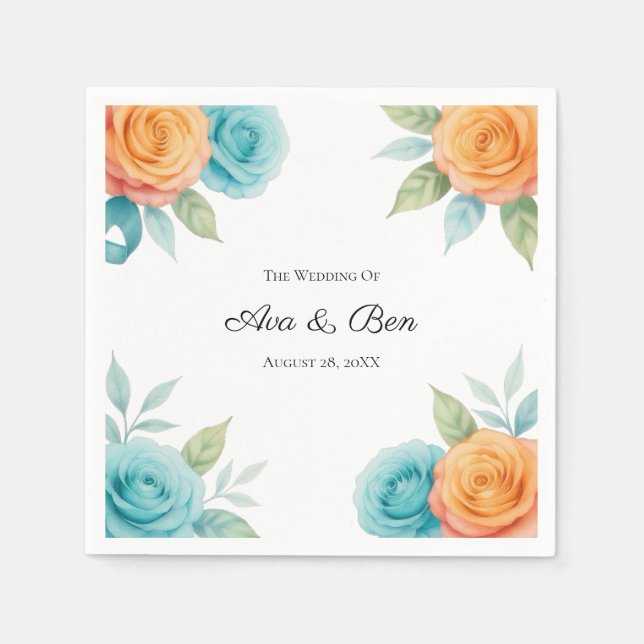 Watercolor Orange and Teal Roses Wedding Napkins (Front)