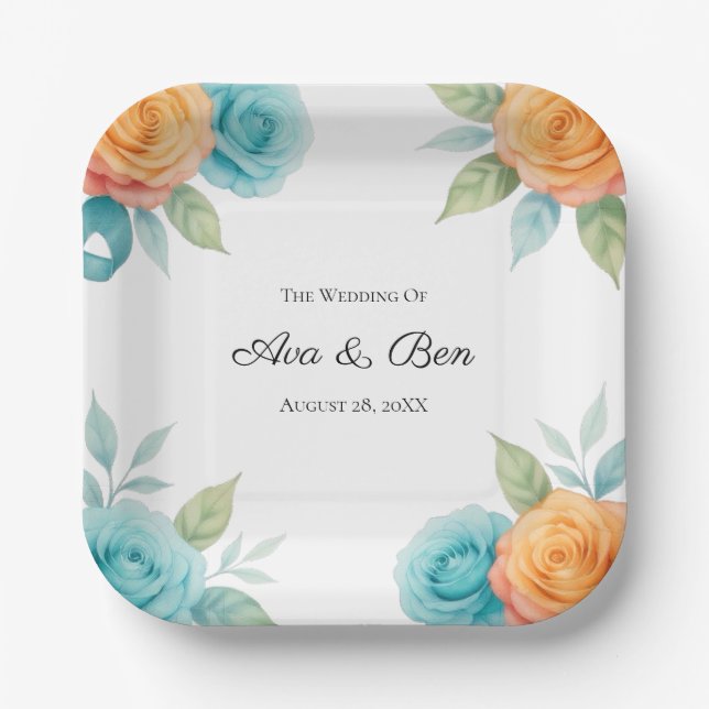 Watercolor Orange and Teal Roses Wedding Paper Plates (Front)