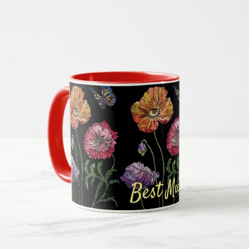 Watercolor Orange Black Poppy Floral Best mom Mug