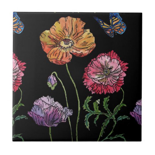 Watercolor Orange Black Poppy Floral Ceramic Tile