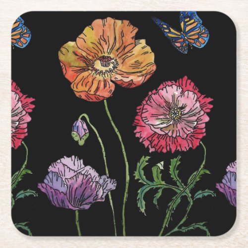 Watercolor Orange Black Poppy Floral  Square Paper Coaster