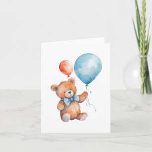 Watercolor Orange & Blue Balloons Brown Teddy Bear Card