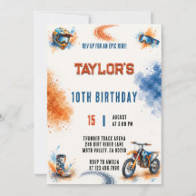 Watercolor Orange Blue Dirt Bike Birthday