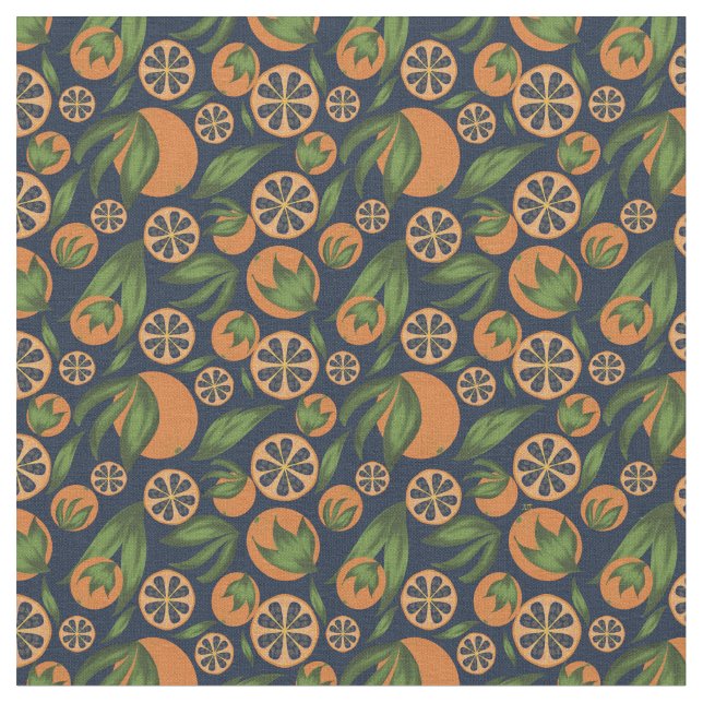 Watercolor Orange Blue Fruit Pattern Fabric (Close Up)