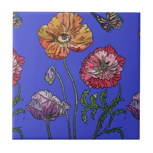 Watercolor Orange Blue Poppy Floral Ceramic Tile