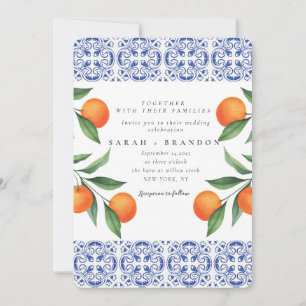 Watercolor Orange Blue tile Mediterranean Wedding Invitation
