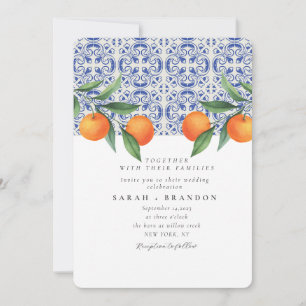 Watercolor Orange Blue tile Mediterranean Wedding Invitation