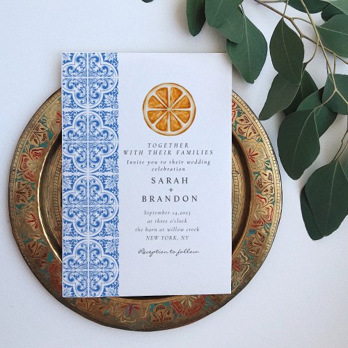 Watercolor Orange Blue tile Mediterranean Wedding Invitation