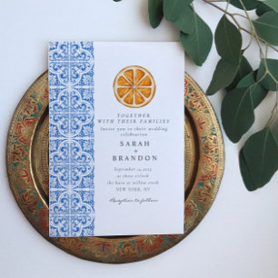 Watercolor Orange Blue tile Mediterranean Wedding Invitation