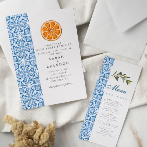 Watercolor Orange Blue tile Mediterranean Wedding Invitation