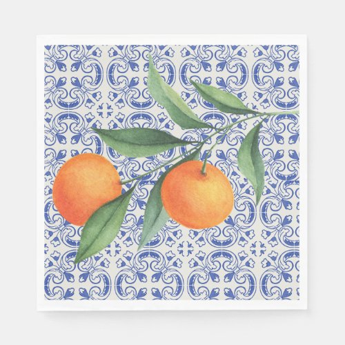 Watercolor Orange Blue tile Mediterranean Wedding Napkins