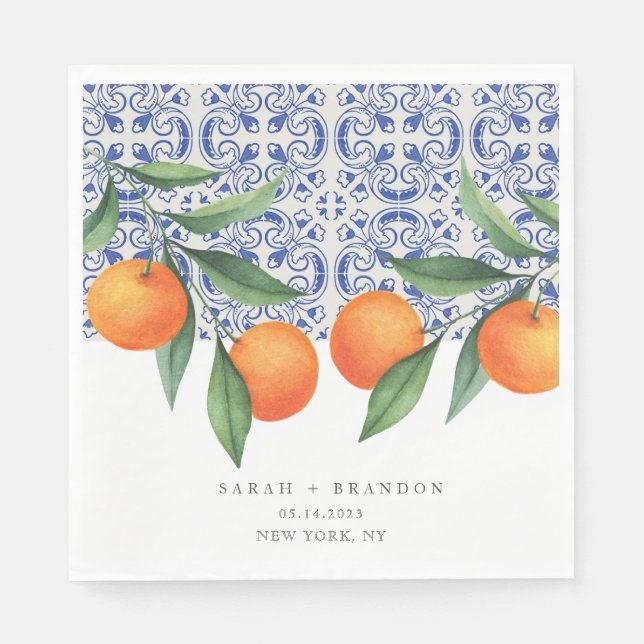 Watercolor Orange Blue tile Mediterranean Wedding Napkins (Front)
