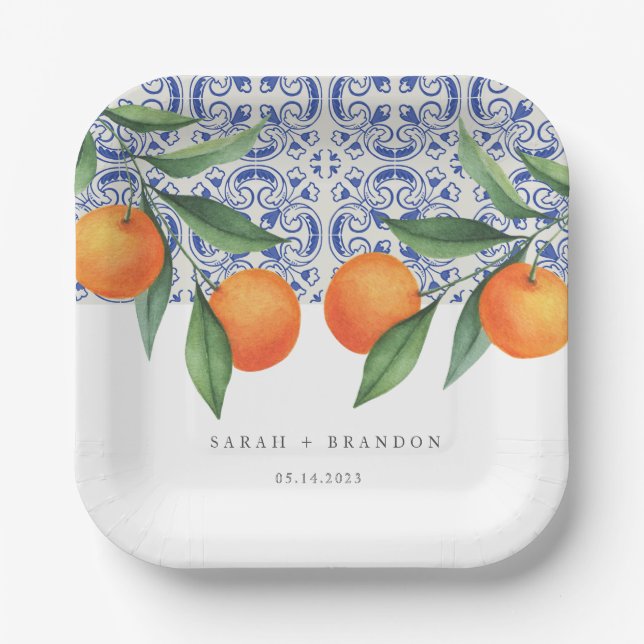 Watercolor Orange Blue tile Mediterranean Wedding Paper Plates (Front)