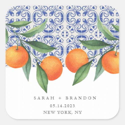 Watercolor Orange Blue tile Mediterranean Wedding Square Sticker