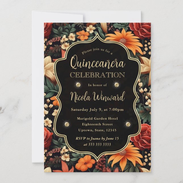 Watercolor Orange Brown Fall Leaves Quinceanera Invitation (Front)