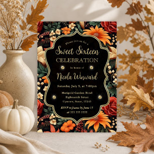 Watercolor Orange Brown Fall Leaves Sweet 16 Invitation