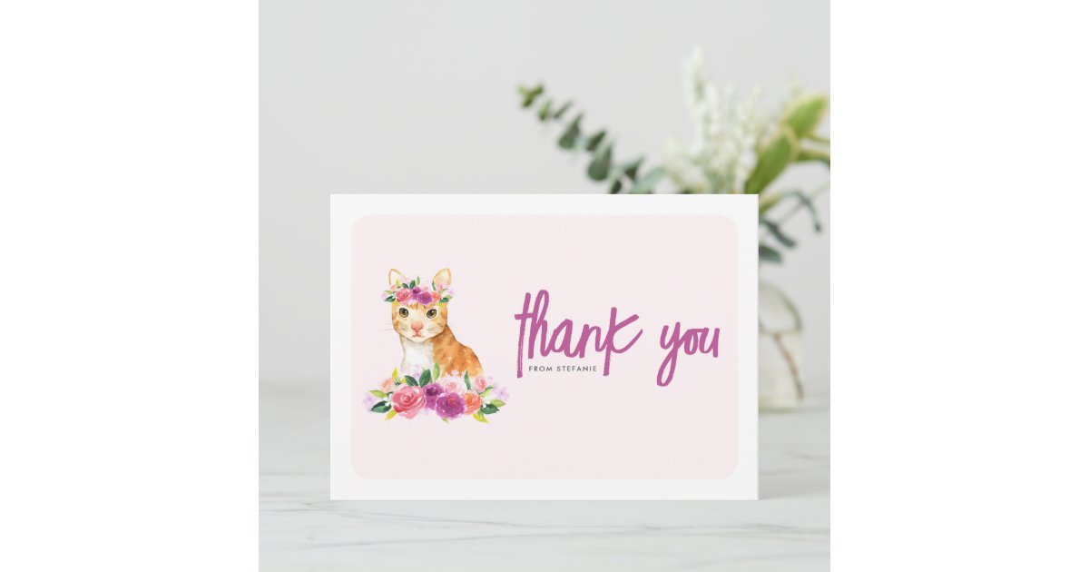 Watercolor Orange Cat and Purple Floral Birthday Thank You Card | Zazzle