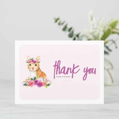 Watercolor Orange Cat and Purple Floral Birthday Thank You Card