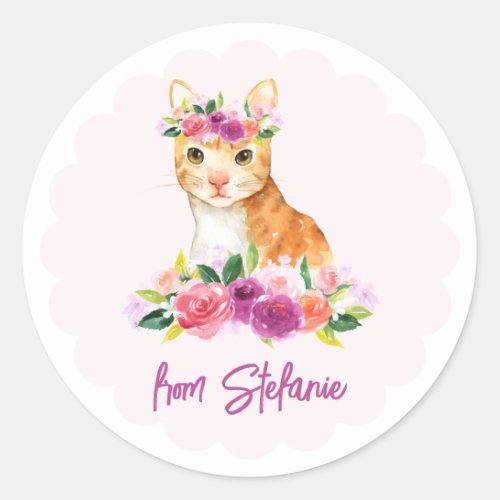 Watercolor Orange Cat and Purple Flowers Birthday Classic Round Sticker