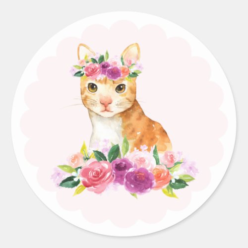 Watercolor Orange Cat and Purple Flowers Dog Classic Round Sticker