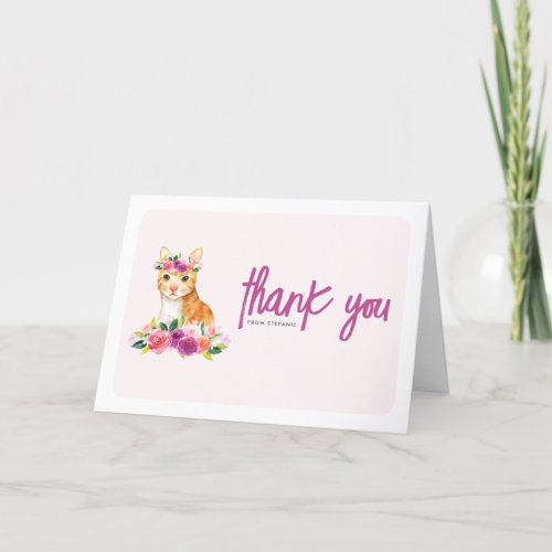 Watercolor Orange Cat ands Purple Floral Birthday Thank You Card