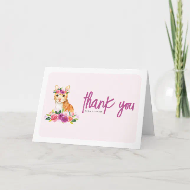 Watercolor Orange Cat ands Purple Floral Birthday Thank You Card | Zazzle