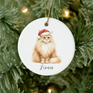Watercolor Orange Cat in Santa Hat Ornament