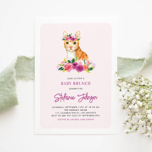 Watercolor Orange Cat Purple Flowers Baby Brunch Invitation
