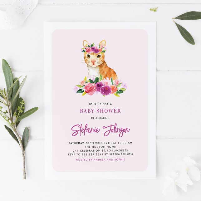 Watercolor Orange Cat Purple Flowers Baby Shower Invitation (Creator Uploaded)